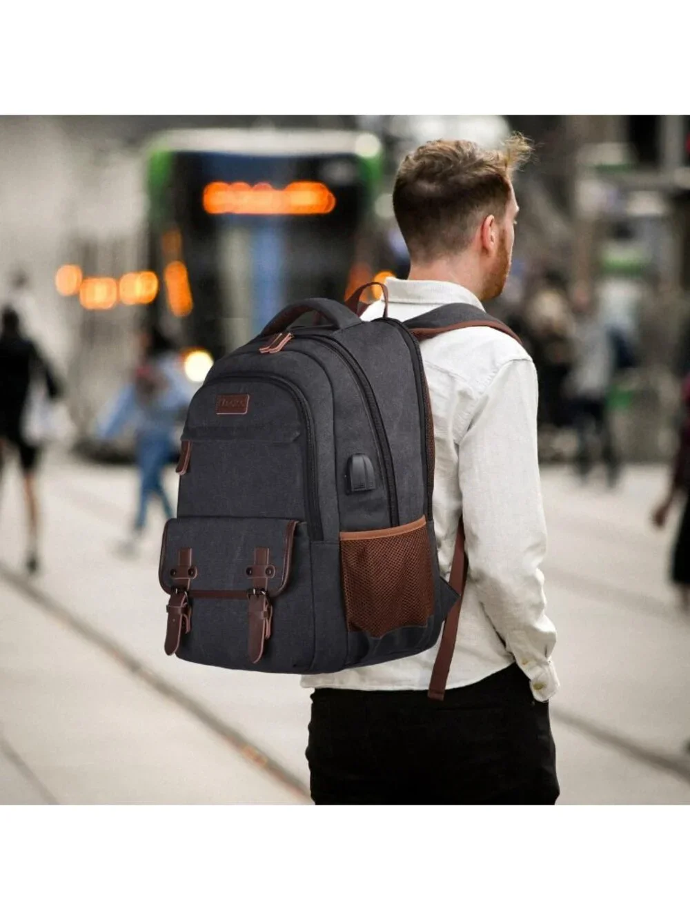 Stylish Canvas Laptop Backpack for Travel, Work, College - USB Charging, 15.6